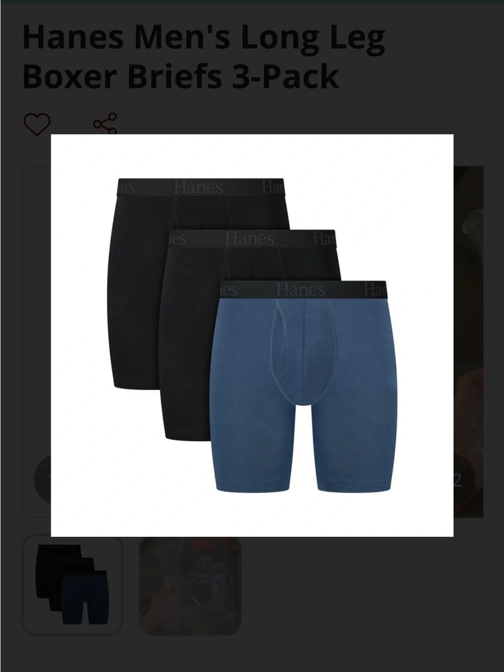 NWT Hanes 3-Pack Long-Leg Boxer Briefs in Black & Navy, Size XL
